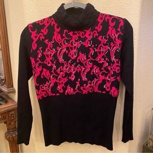 Women’s Black & Hot Pink Embellished Patterned Turtleneck Sweater Size S/M